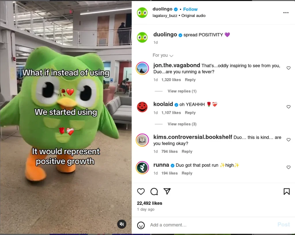 duolingo instagram post featuring their green owl mascot with meme-style text overlay about using positivity, caption simply states "spread positivity," showing how brands can use humor and their mascots to create relatable content that generates engagement, perfect for brands wanting to show personality in their instagram caption strategy for 2025