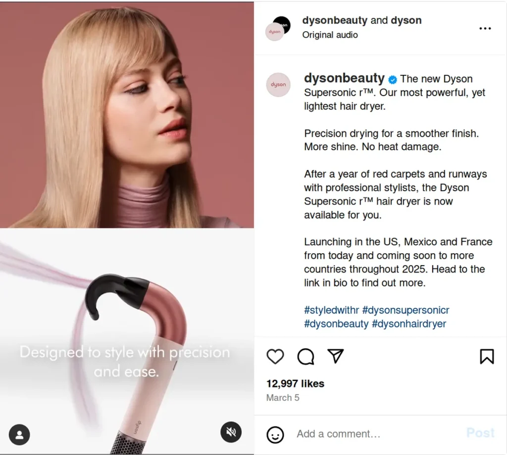 dyson beauty instagram post advertising their supersonic hair dryer with a model showing smooth blonde hair, caption details product benefits including "precision drying for a smoother finish," demonstrating effective instagram captions for product launches