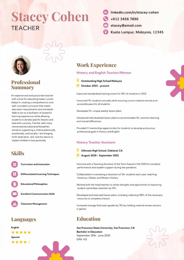 elementary teacher resume example by piktochart graphic
