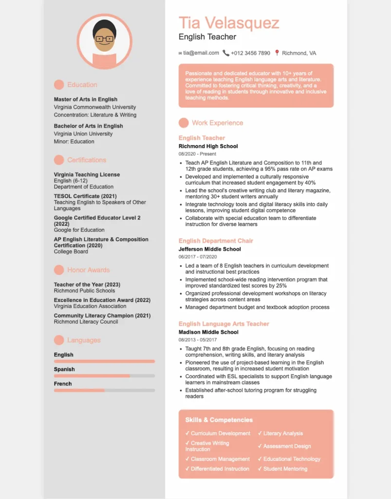 english teacher resume template by Piktochart