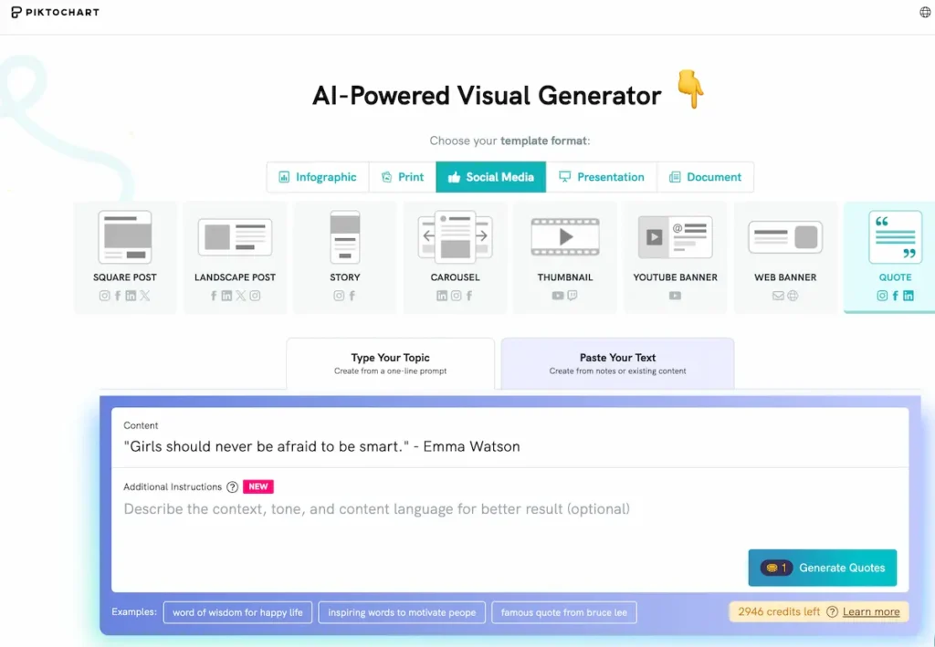 screenshot of piktochart ai quote generator step 1 enter your quote
