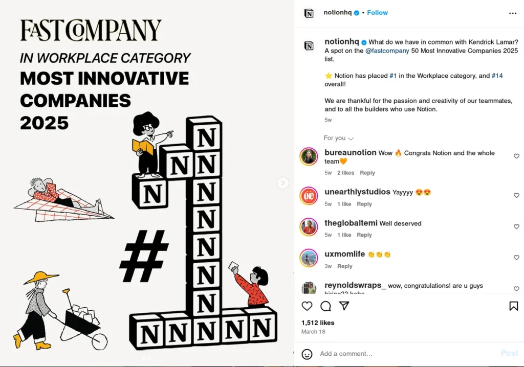 notion instagram post celebrating being named #1 in workplace category on fast company's most innovative companies 2025 list, caption connecting to kendrick lamar reference, showing creative caption ideas for business achievements