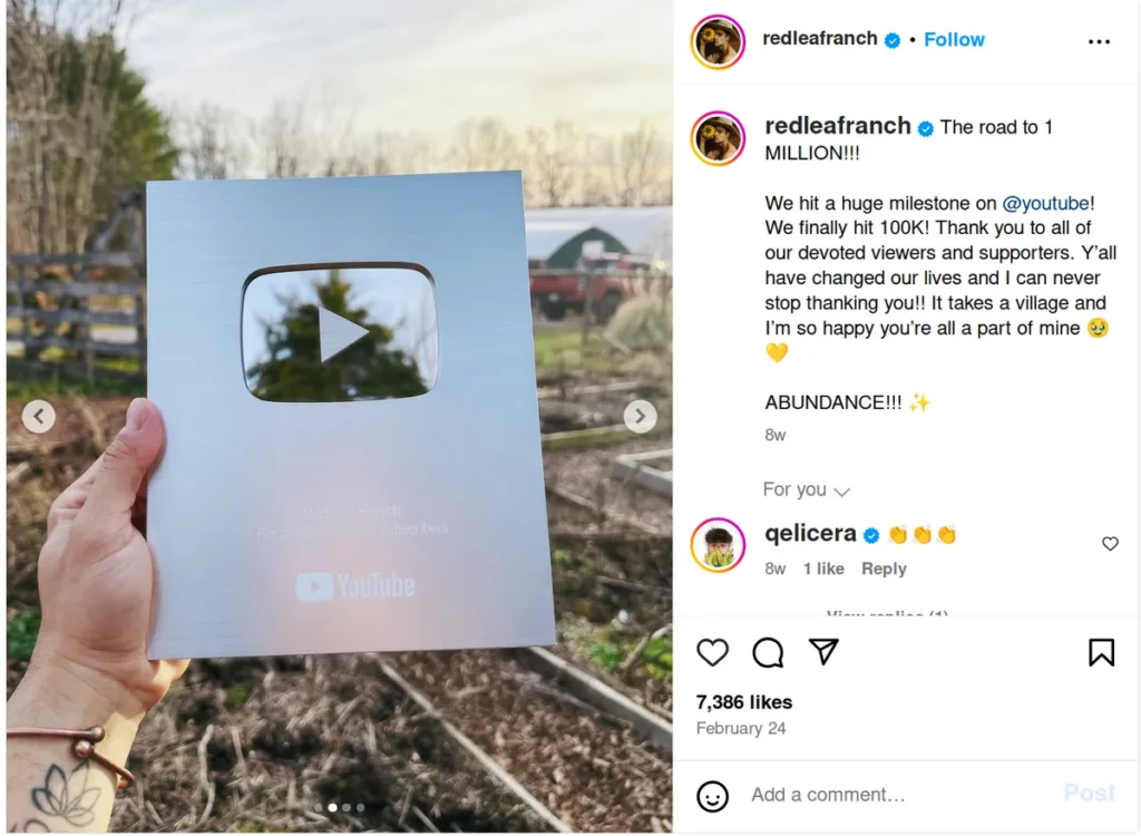 celebratory instagram post showing person holding silver youtube play button award with caption announcing reaching 100k subscribers milestone, demonstrating captions for instagram that mark achievements and express gratitude to followers