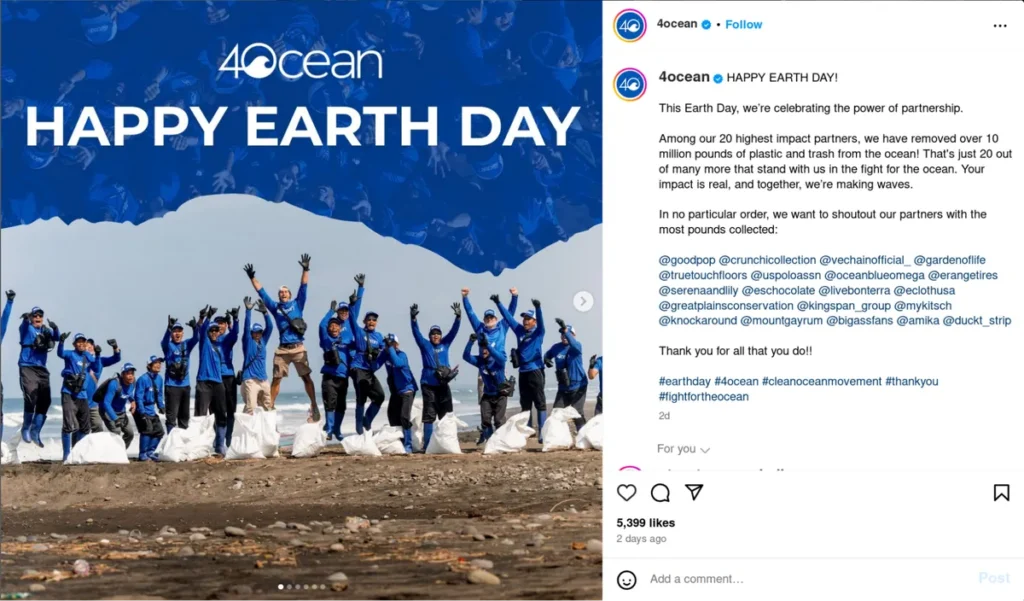 environmental organization instagram post showing team in blue shirts celebrating earth day beach cleanup, caption announces removing 10 million pounds of plastic from ocean, example of instagram captions for cause-related content that highlights impact
