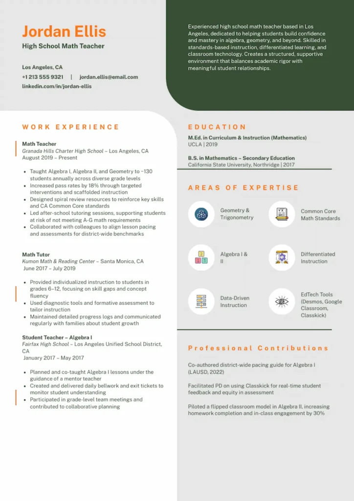 high school teacher resume template by Piktochart