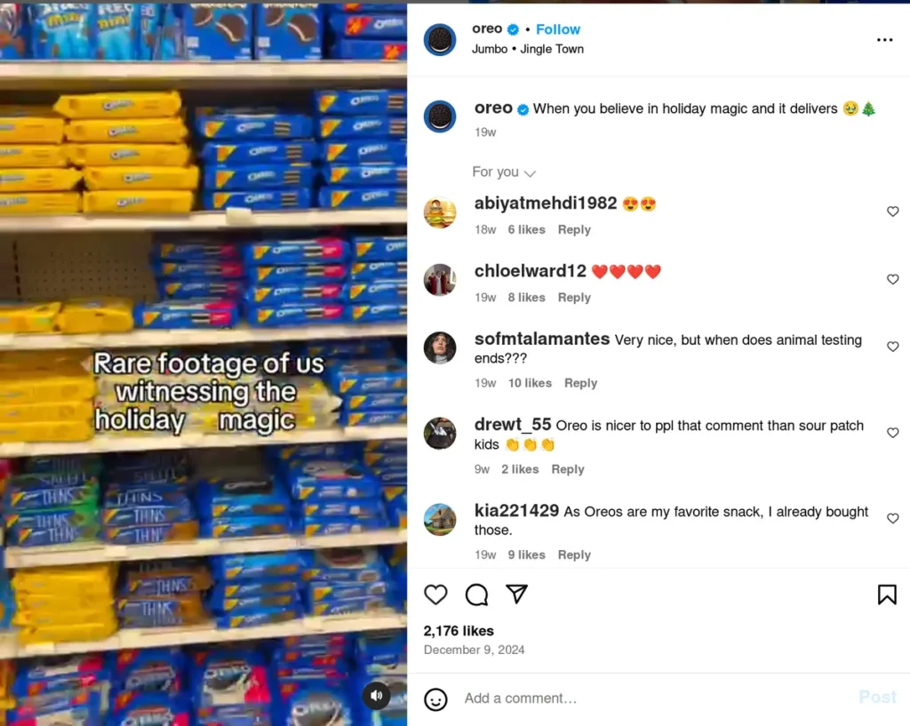 instagram post from oreo showing stacks of blue and yellow oreo packages on store shelves with overlay text "rare footage of us witnessing the holiday magic," demonstrating how brands use festive captions for instagram to create seasonal engagement with their audience