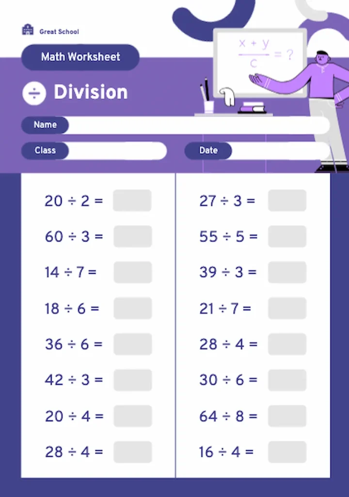 horizontal division math worksheet 
