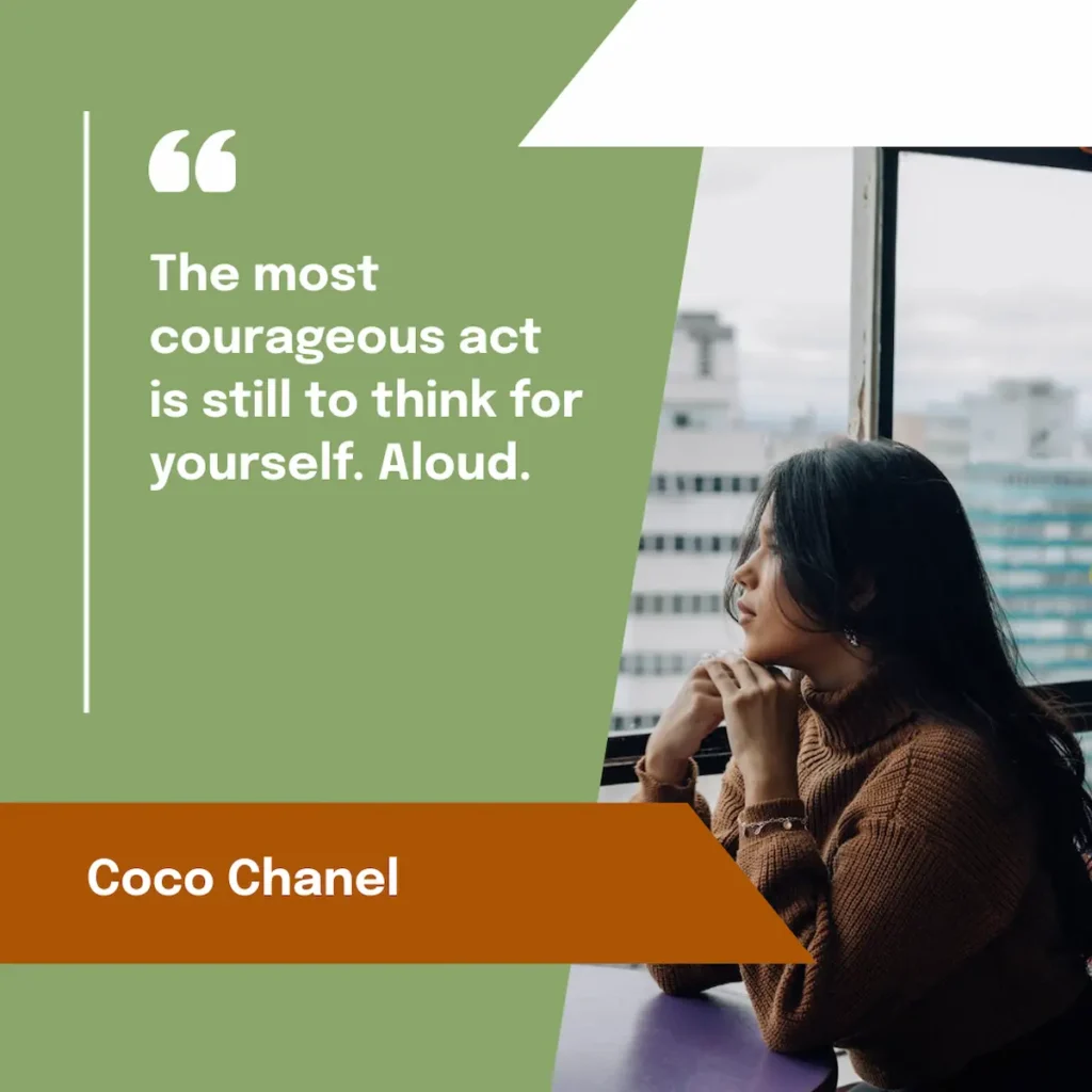 an inspiring woman quote by coco chanel on speaking for yourself- created through piktochart ai quote generator