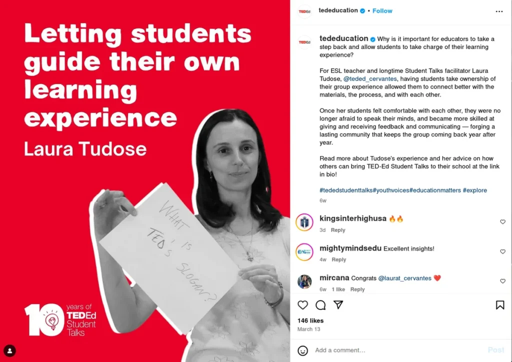 ted education instagram post with red background featuring laura tudose discussing student-led learning, caption explains benefits of letting students guide their own learning experience, example of inspirational instagram captions for educational content