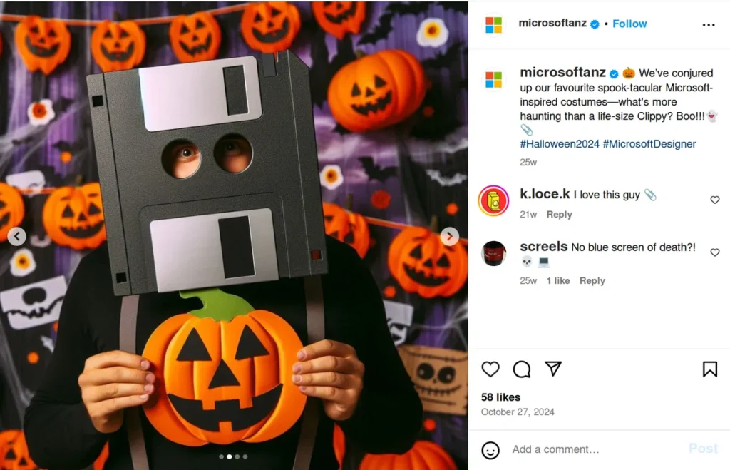 microsoft halloween-themed instagram post featuring person wearing floppy disk costume head holding a pumpkin, caption jokes about spooky microsoft-inspired costumes, example of seasonal caption ideas that incorporate brand humor