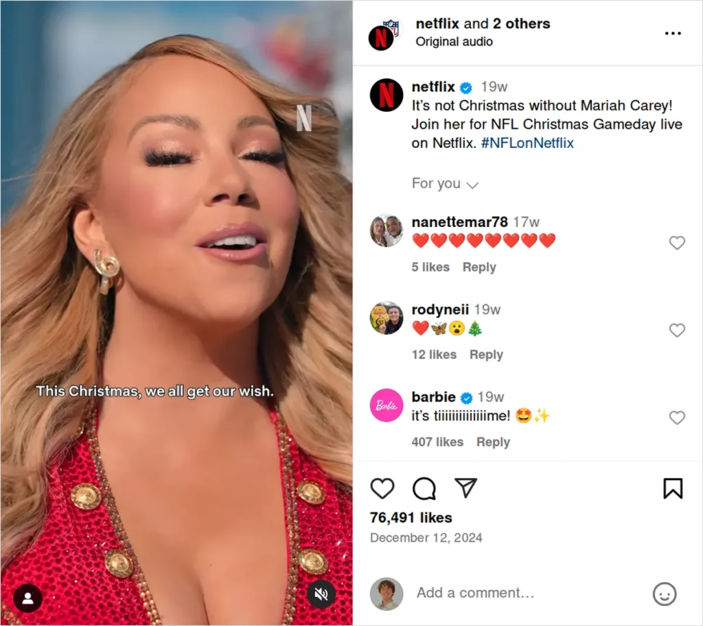 netflix instagram post featuring person in festive red outfit promoting christmas content, caption announces nfl christmas gameday with mariah carey, example of celebrity collaboration captions for instagram that leverage seasonal themes