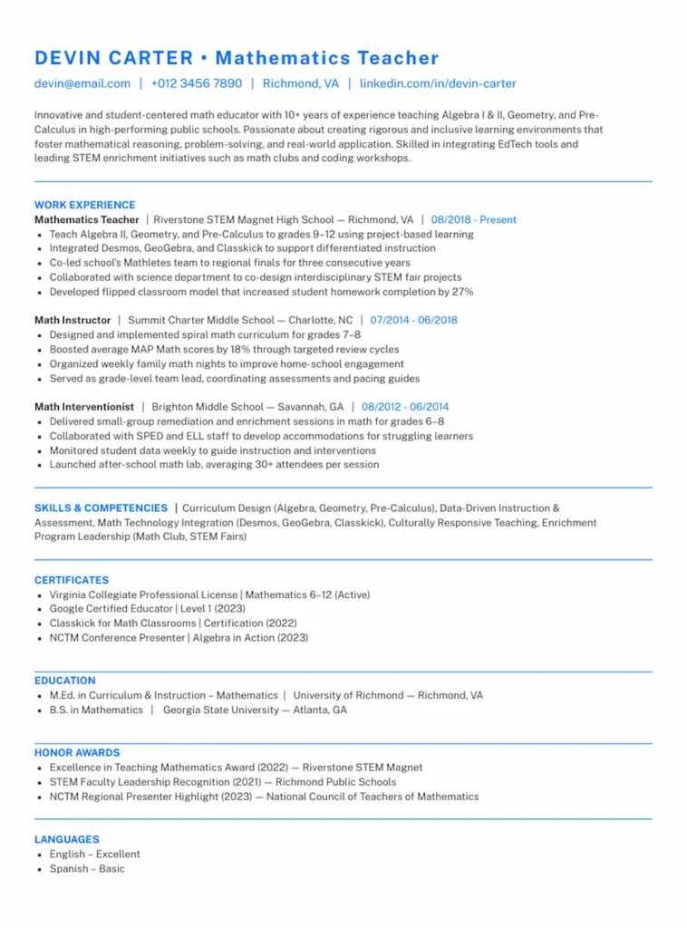 math teacher resume template by Piktochart