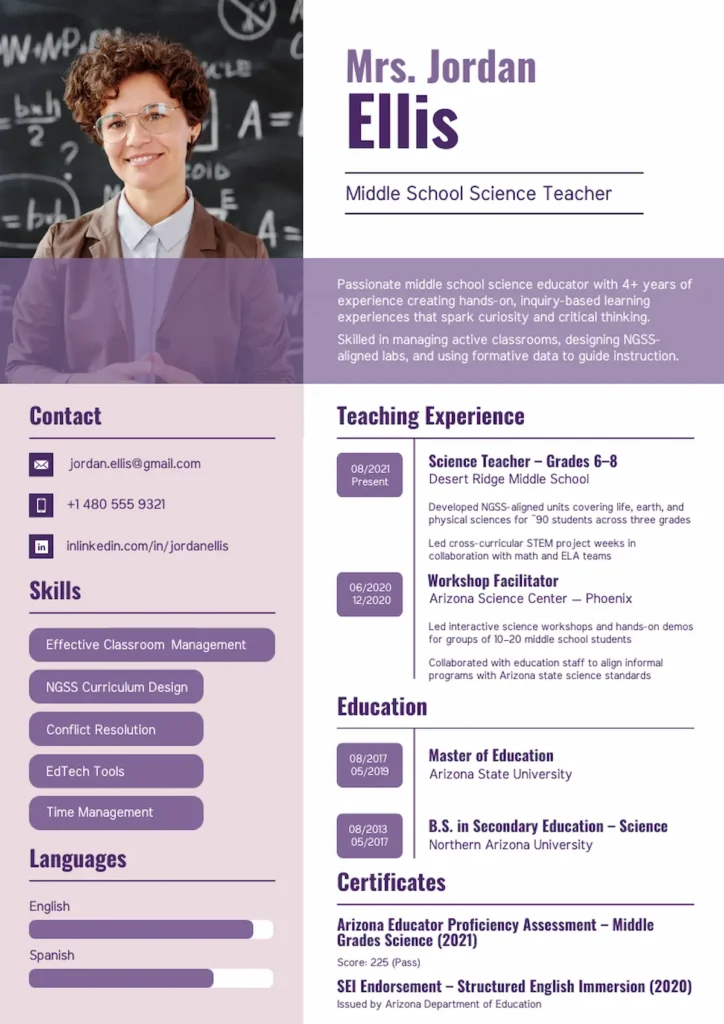 middle school teacher resume template by Piktochart