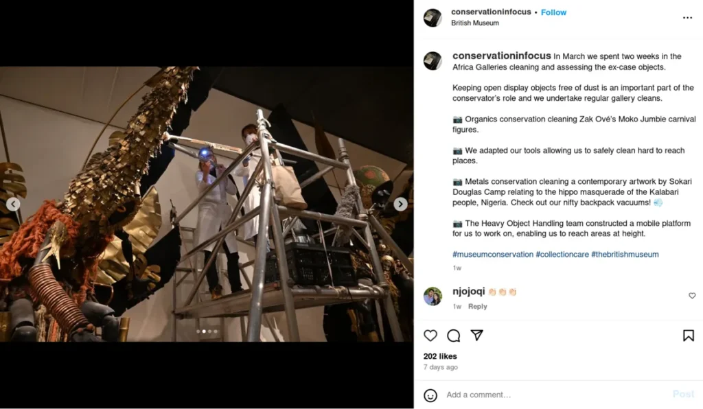 conservation instagram post from british museum showing staff cleaning artifacts in africa galleries, detailed caption explaining conservation processes, demonstrating educational captions that highlight behind-the-scenes work