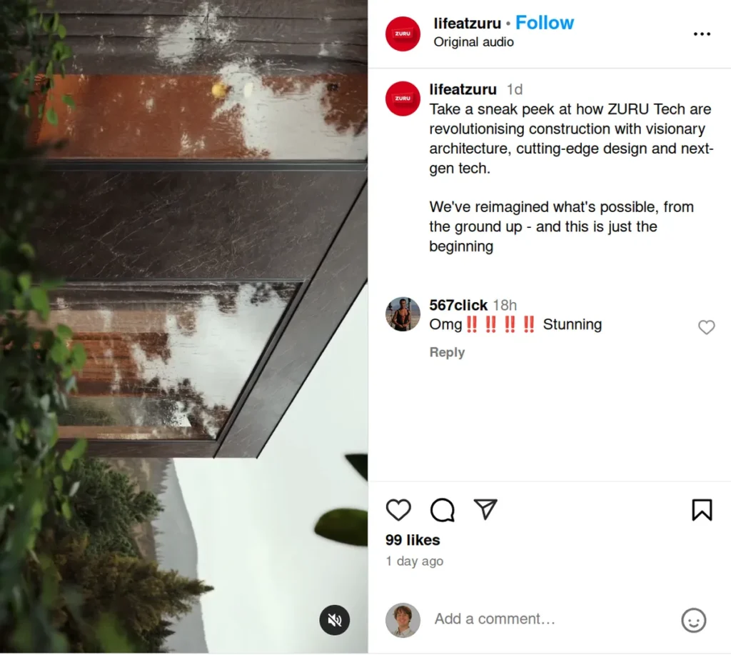 zuru tech instagram post showing reflective modern architectural design with water elements, caption explains how they're revolutionizing construction with visionary architecture and next-gen tech, perfect example of instagram captions for showcasing innovation in 2025, generating engagement through descriptions of cutting-edge design features
