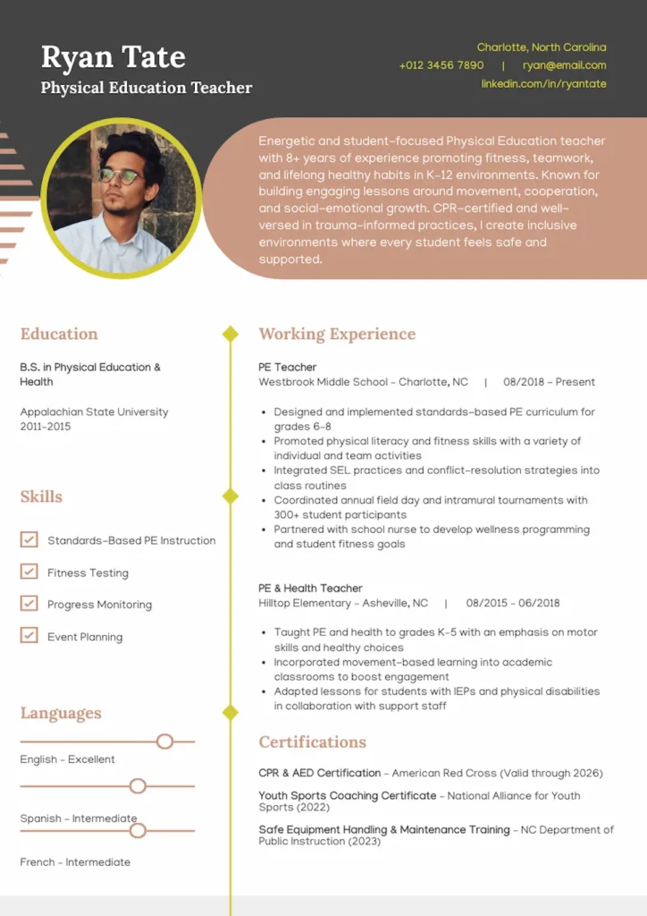 pe teacher resume template by Piktochart