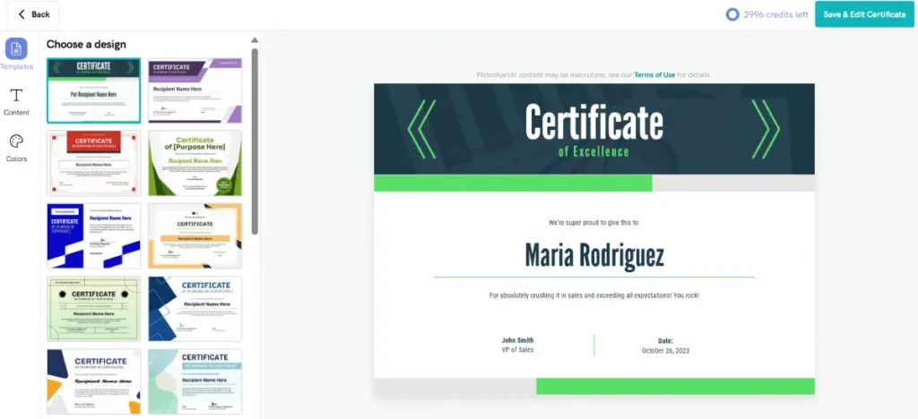 screenshot of piktochart ai certificate format, dozens of templates, one template with green color palette chosen for a certificate