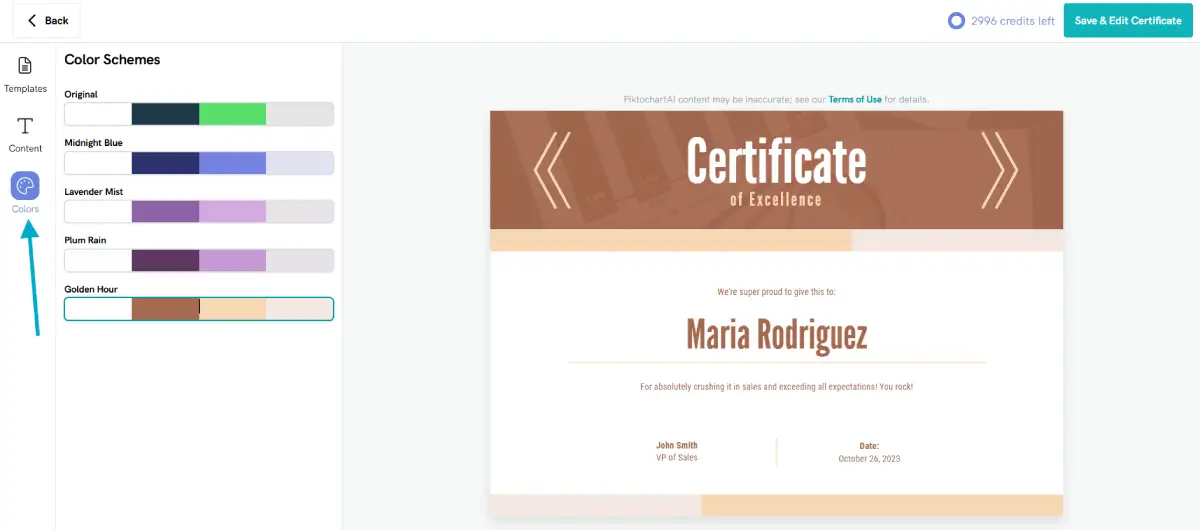 screenshot of piktochart ai certificate format, dozens of templates, brown/gold color palette chosen