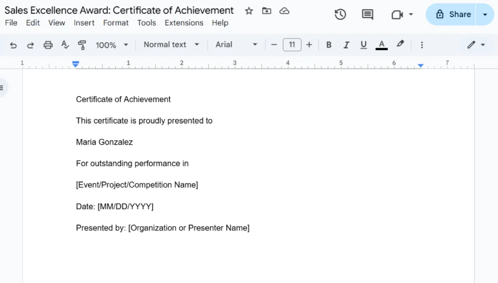 screenshot of a .docx document of a certificate template