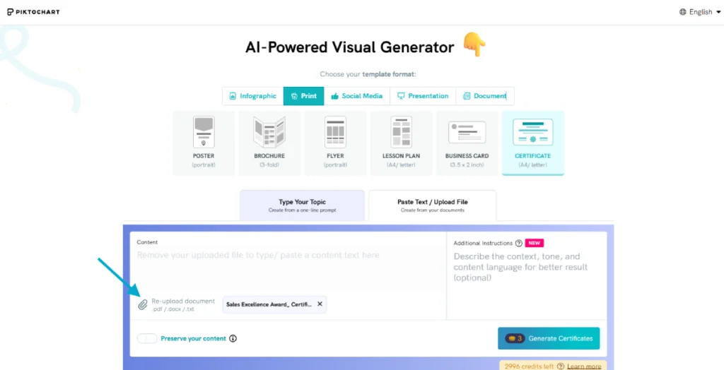 screenshot of piktochart ai editor, showing how the upload function works in the ai certificate generator