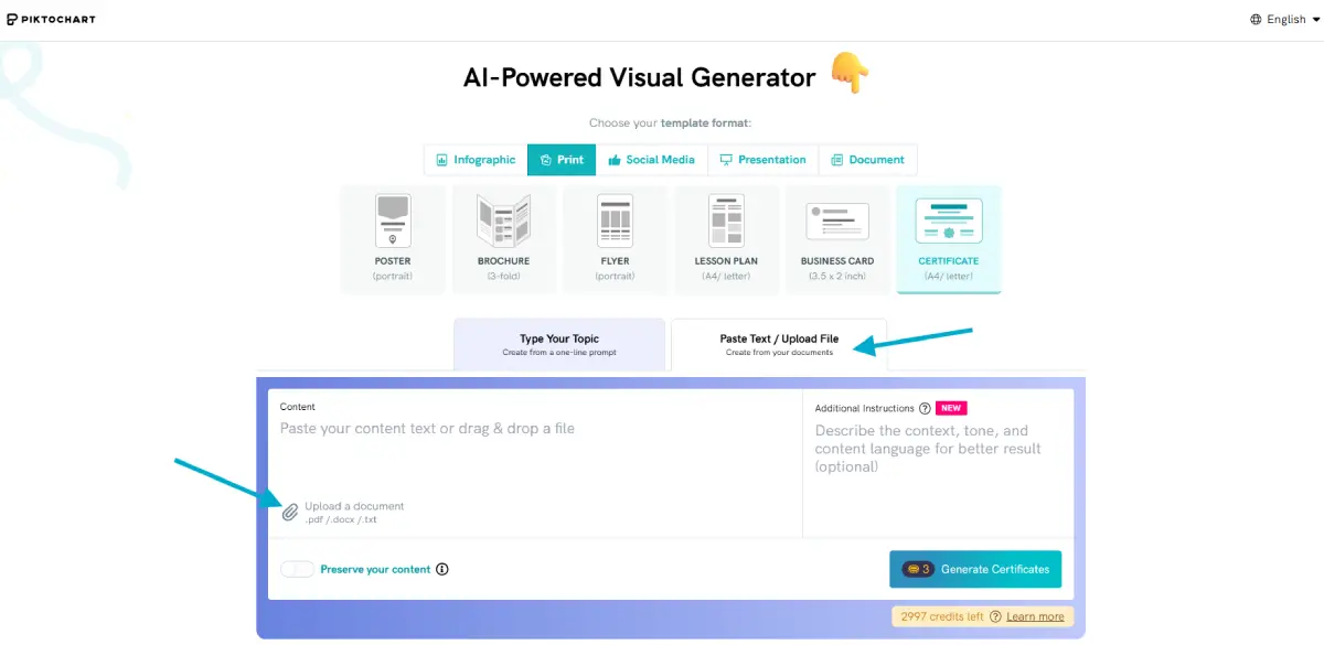 screenshot of piktochart ai new format, ai certificate maker, arrows pointing to the upload function