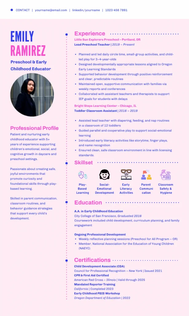 Preschool and daycare teacher resume template by Piktochart