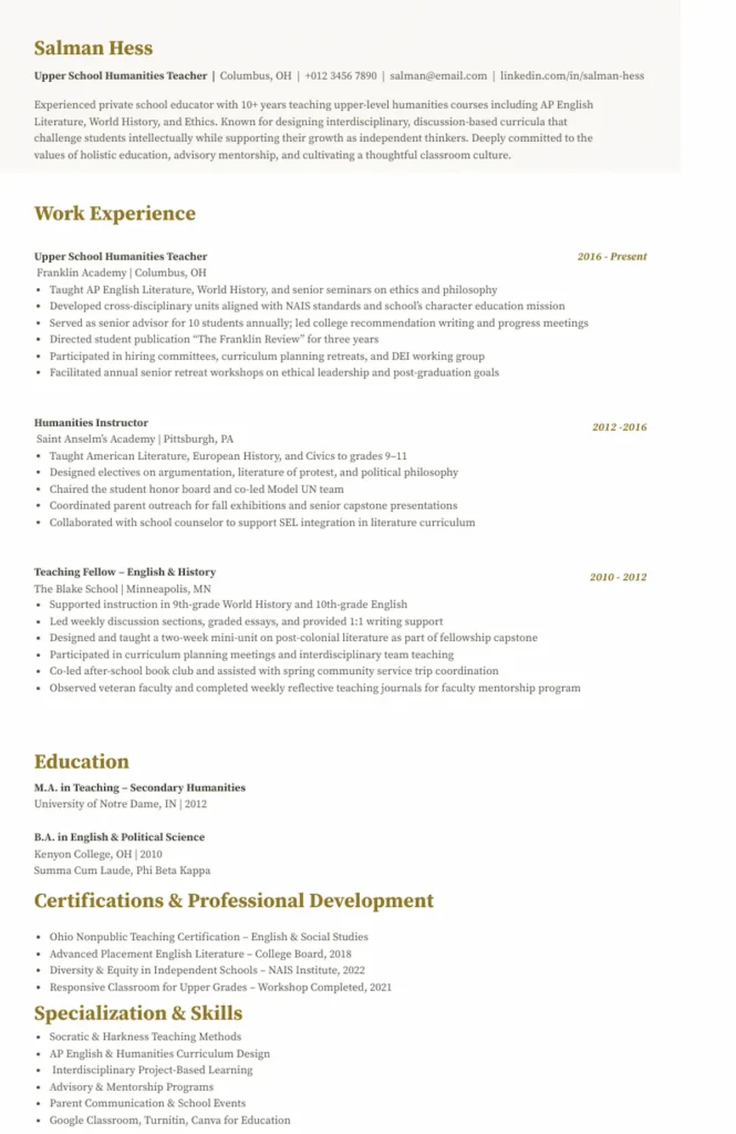 Private school teacher resume template by Piktochart