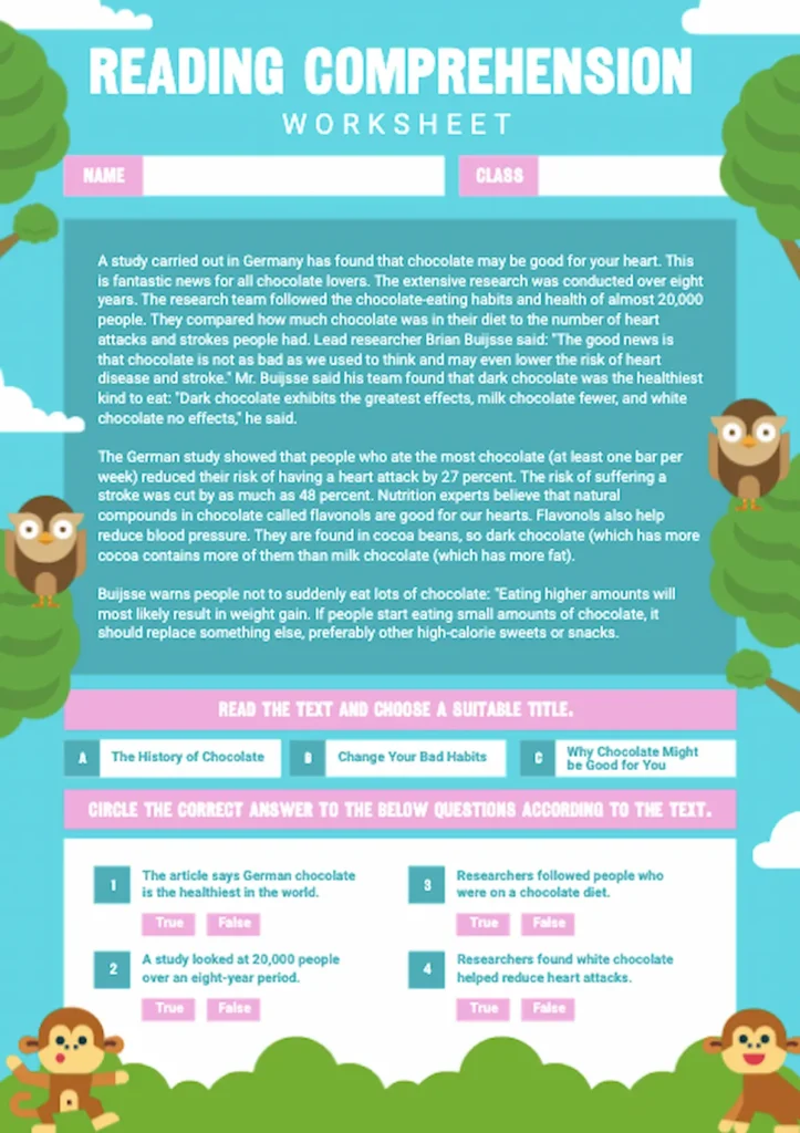 reading comprehension worksheet by piktochart