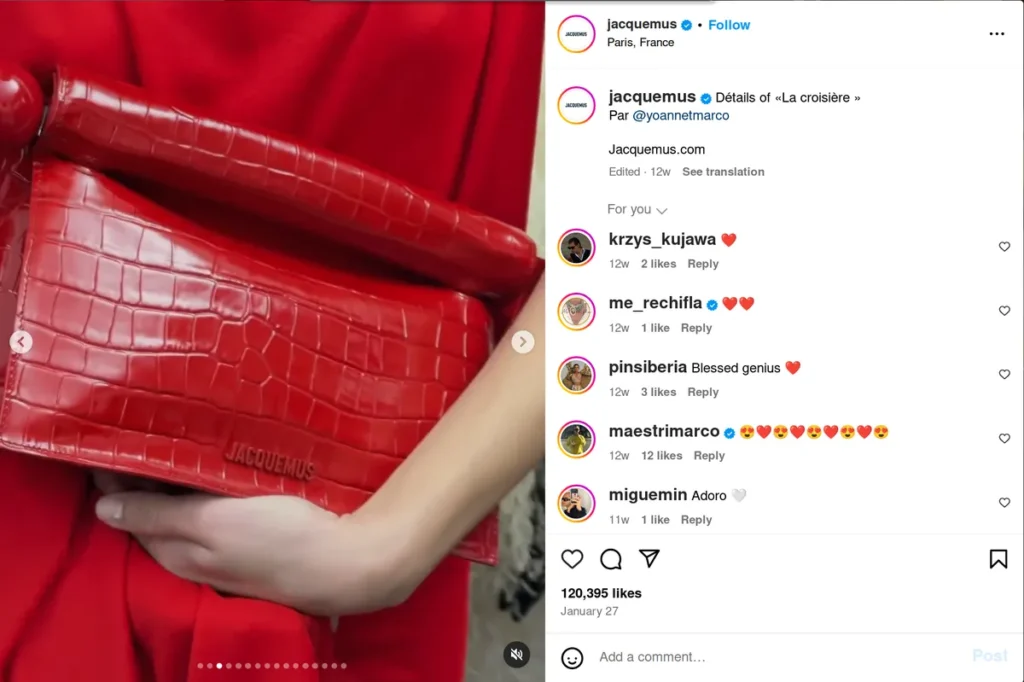luxury fashion instagram post from jacquemus showcasing a vibrant red crocodile-textured handbag against red background, minimal caption reading "détails of «la croisière»," demonstrating how short instagram captions can be effective for high-end product showcases