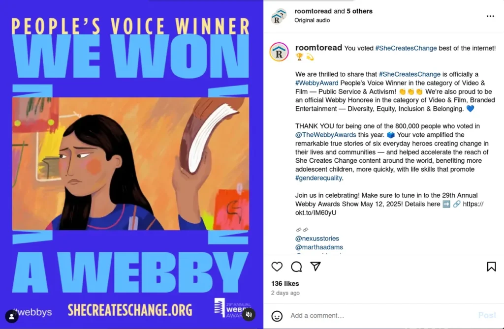 room to read instagram post featuring blue and yellow graphic announcement of webby award win, caption celebrates #shecreateschange winning people's voice award, showing how organizations can use instagram captions to announce achievements while highlighting their mission of gender equality, perfect for cause-related content in 2025