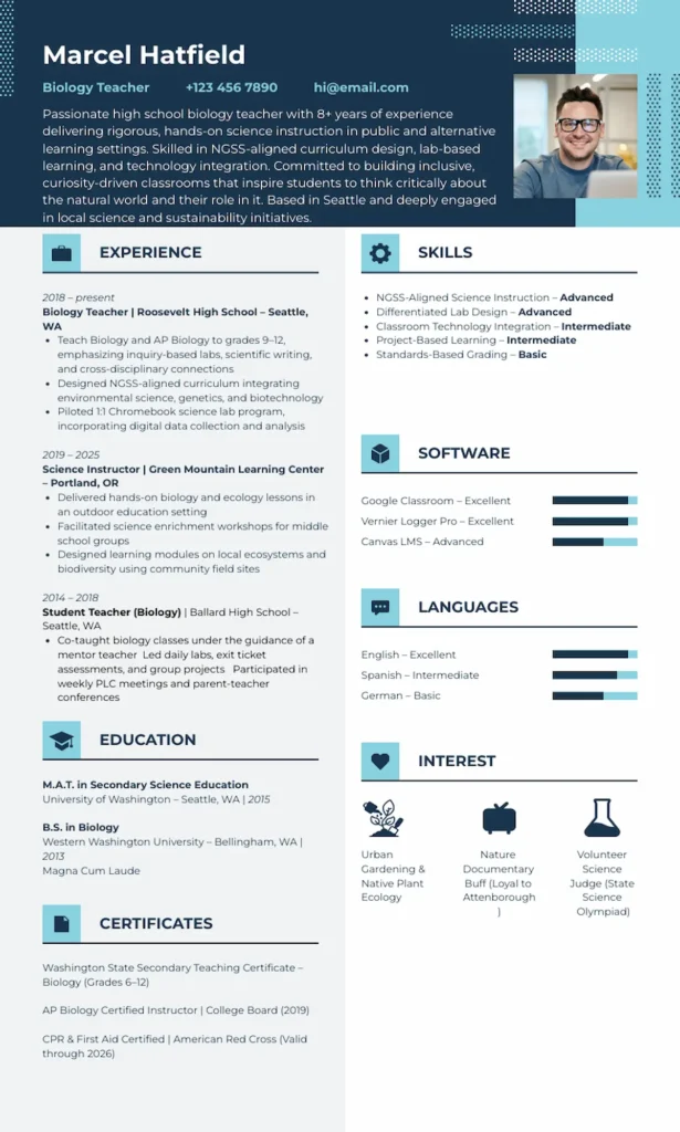 science teacher resume template by Piktochart