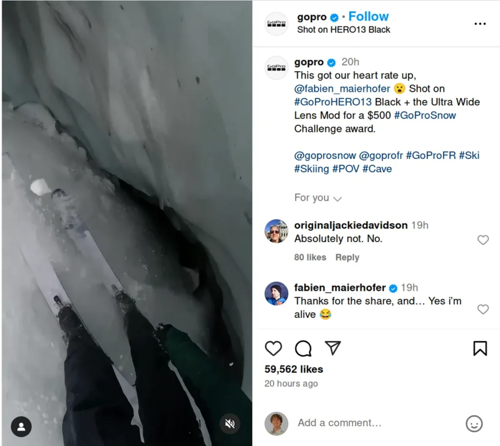 gopro instagram post showing pov shot inside what appears to be an ice cave or crevasse, caption mentions "this got our heart rate up," demonstrating how short instagram captions can create excitement for adventure content