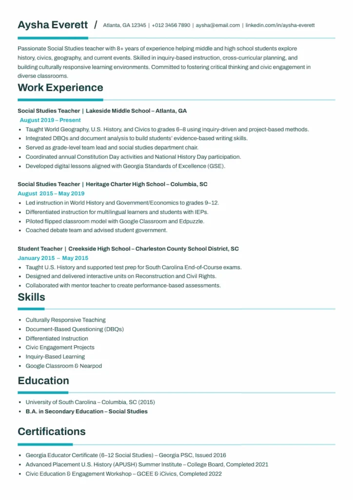 social studies resume template by Piktochart