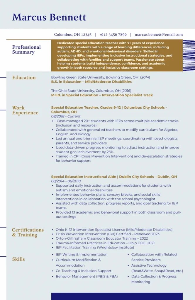special education teacher resume example
