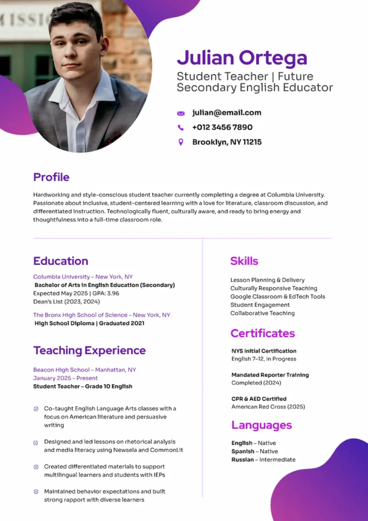 student teacher resume template by Piktochart