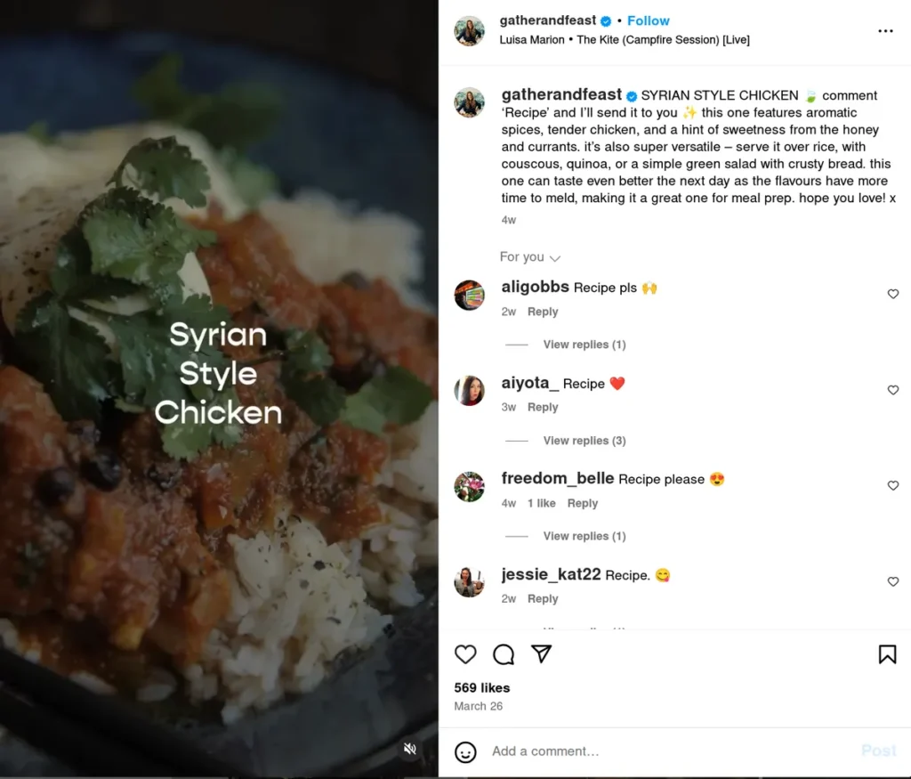 food instagram post showing syrian style chicken dish over rice with herbs, caption offers to send recipe to commenters, inspiring engagement through captions that promise additional value, great example of caption ideas that encourage interaction