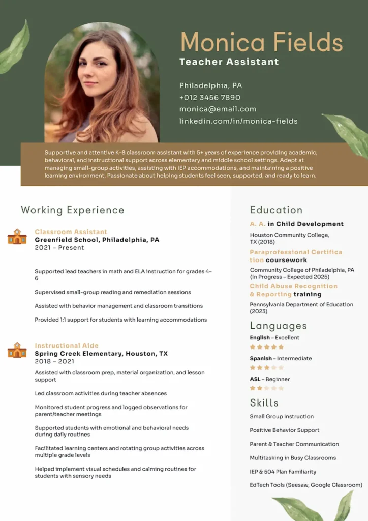 teacher assistant resume template by Piktochart
