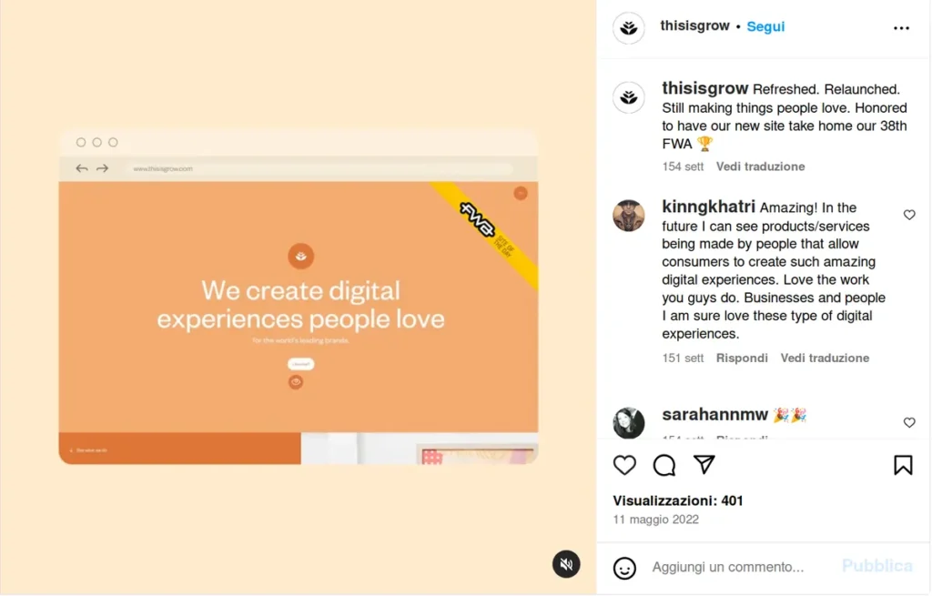 digital agency instagram post showing website design with orange background and text "we create digital experiences people love," caption announcing award win, demonstrating how caption ideas for business achievements can highlight success