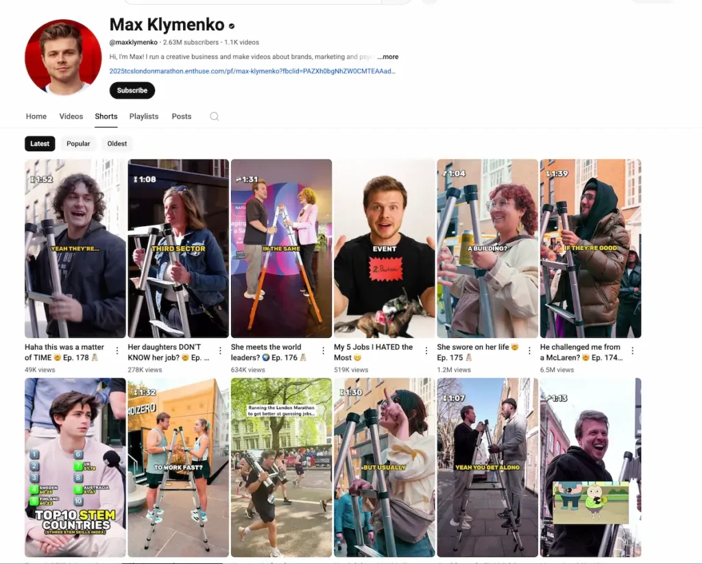 a screenshot showing youtube shorts dimensions on the channel page