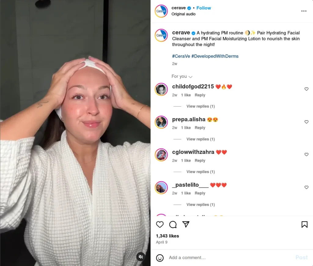 cerave instagram post showing woman in white robe applying skincare products, caption describes "a hydrating pm routine" pairing facial cleanser and moisturizing lotion, demonstrating effective self-care captions for instagram that highlight product benefits while promoting skincare routines for 2025