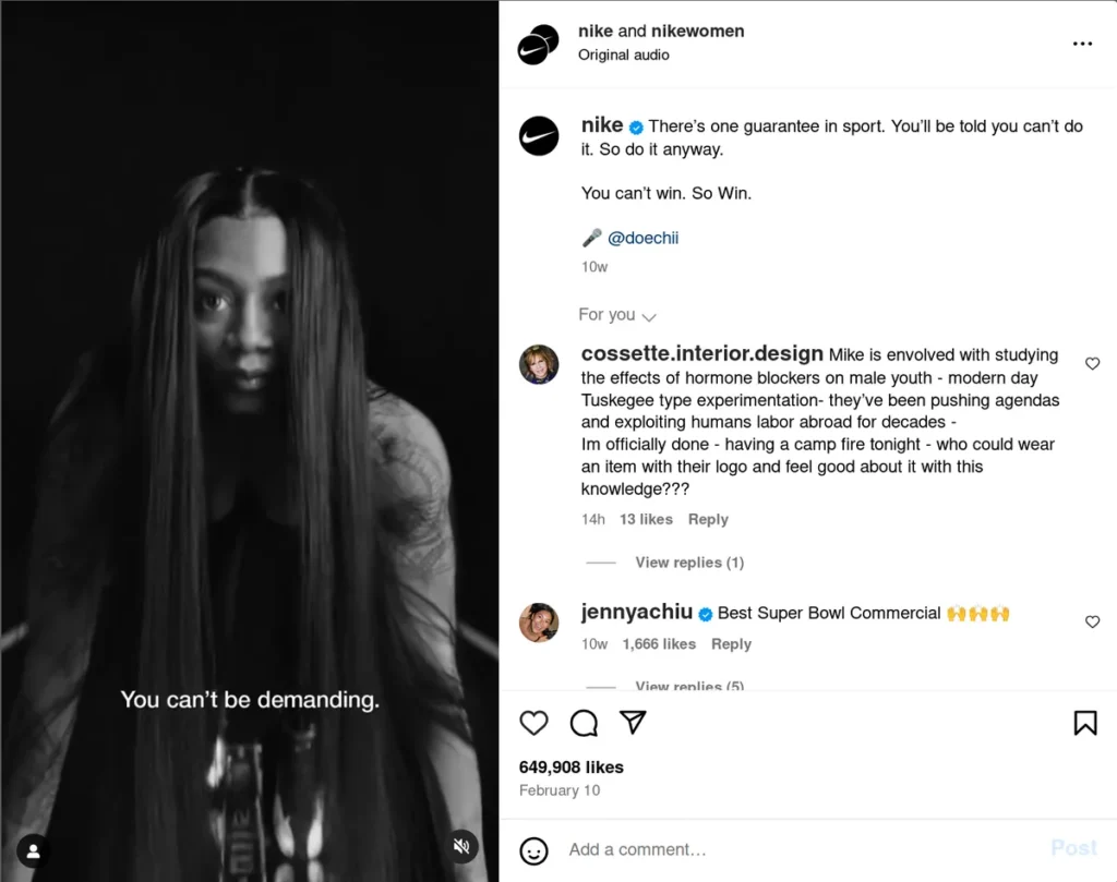 nike instagram post showing close-up of woman's face in dramatic black and white with text overlay "you can't be demanding," powerful caption reads "there's one guarantee in sport, you'll be told you can't do it, so do it anyway," exemplifying inspirational instagram captions that challenge limitations while reinforcing brand values
