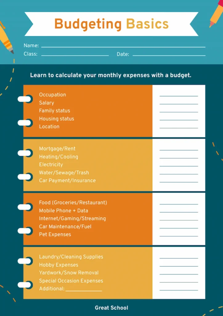 budgeting worksheet for students